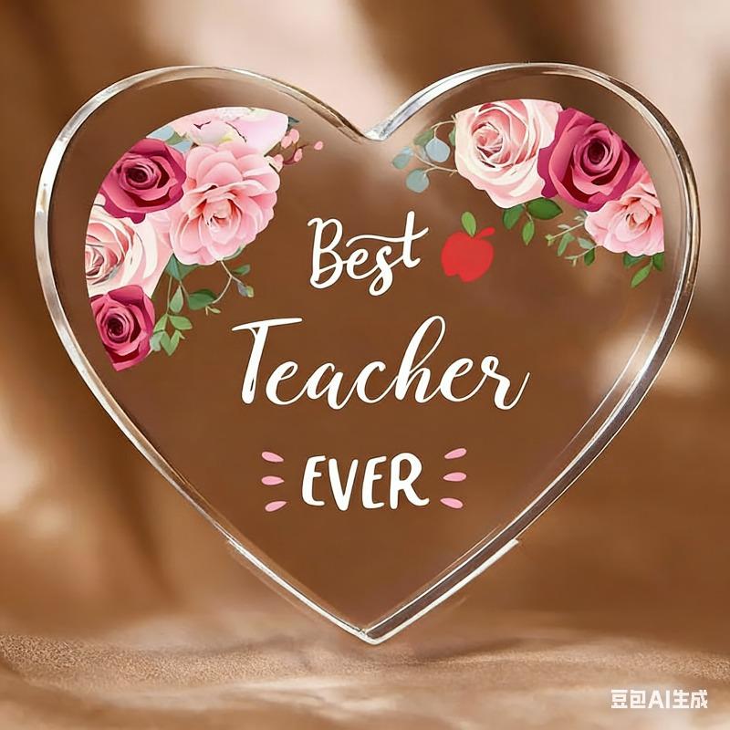 2D Flat, "Best Teacher Ever" Heart-Shaped Acrylic Teacher Appreciation Gift Desktop Decoration Plaque, Pink Roses & Red Apple Design, Home Decor Plaqu
