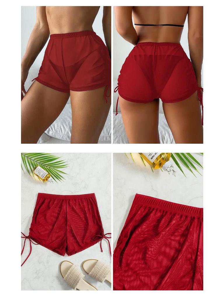 2025 Seksowny strój kąpielowy w jednolitym kolorze: Damskie Przezroczyste Siateczkowe Szorty Bikini Plażowe ze Sznurkiem