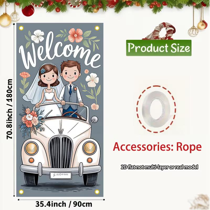 

2D Wedding Welcome Door Banner Bride & Groom in White Vintage Car 47.2x31.5inch/120*80cm
