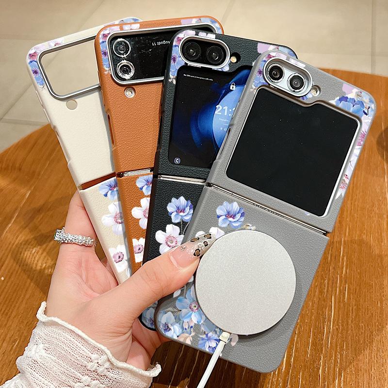 Leather Texture TPU Case For Magsafe For Samsung Galaxy Z Flip 6 5 4 3 5G Flip6 Flip5 Flip4 Blue Flower Patterned Folding Cover