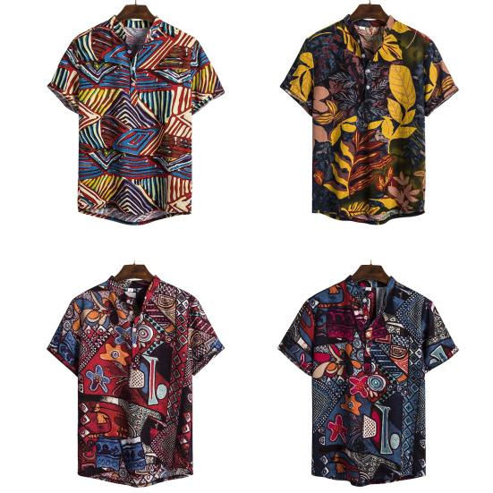Men Beach Shirt Colorful Geometric Print Short Sleeves Buttons Turn-down Collar Cooling Loose Vintage Ethnic Men Shirt Men Clothes