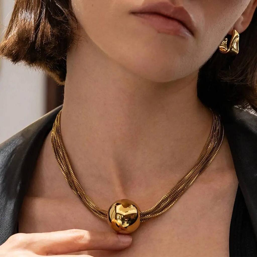 SHIXIN MultiLayer Stainless Steel Chain Round Ball Pendant Necklace Women New 18K Gold Plated Clavicle Chain Jewelry Waterproof
