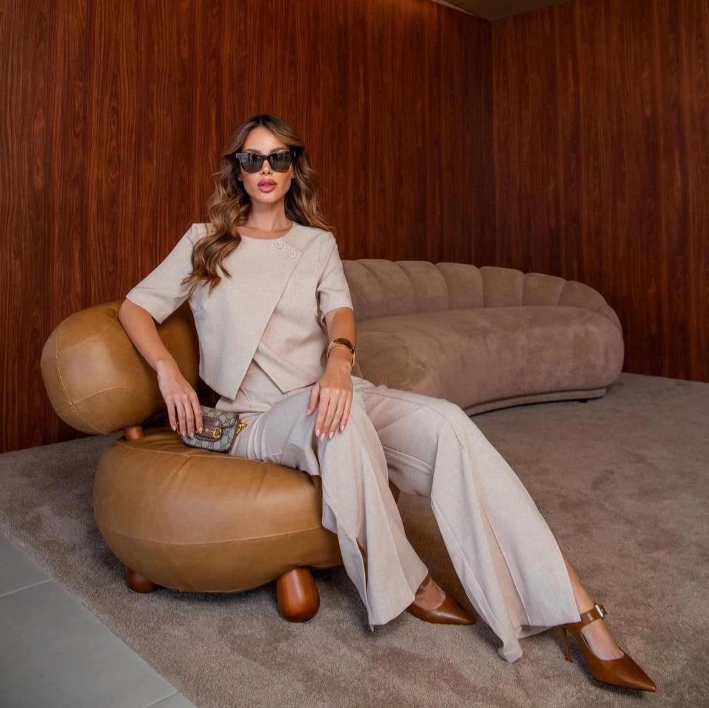 2024 Summer Chic Solid Color High Waist Set: Slim Top & Wide Leg Pants