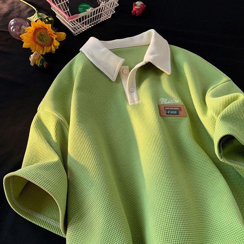American Street Herren und Damen Trendy Personality Poloshirt Kurzarm Sommer Waffel Vintage Casual Top