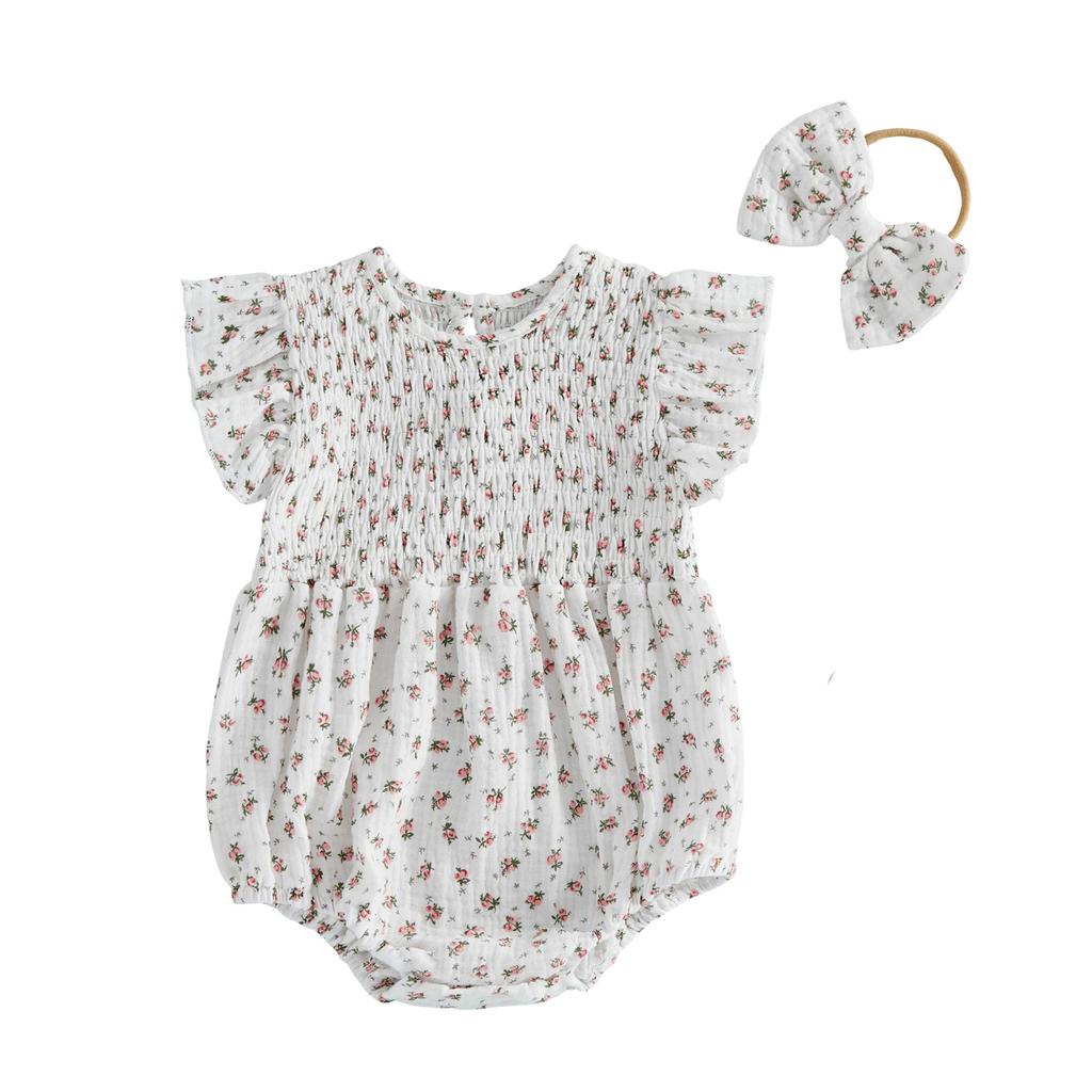 Baby Girl Summer Outfits Floral Print Smocked Crew Neck Flying Sleeve Romper and Bow Headband 2 Pcs Set