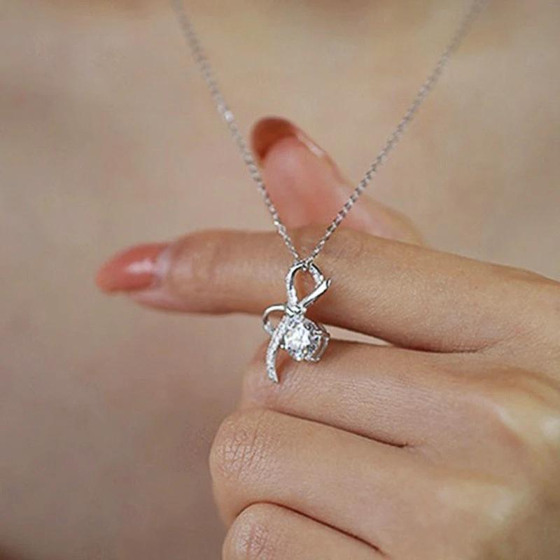 Huitan Fresh Style Women Pendant Necklace Bowknot Shaped Aesthetic Inlaid Shiny CZ Accessories Jewelry for Wedding Anniversary