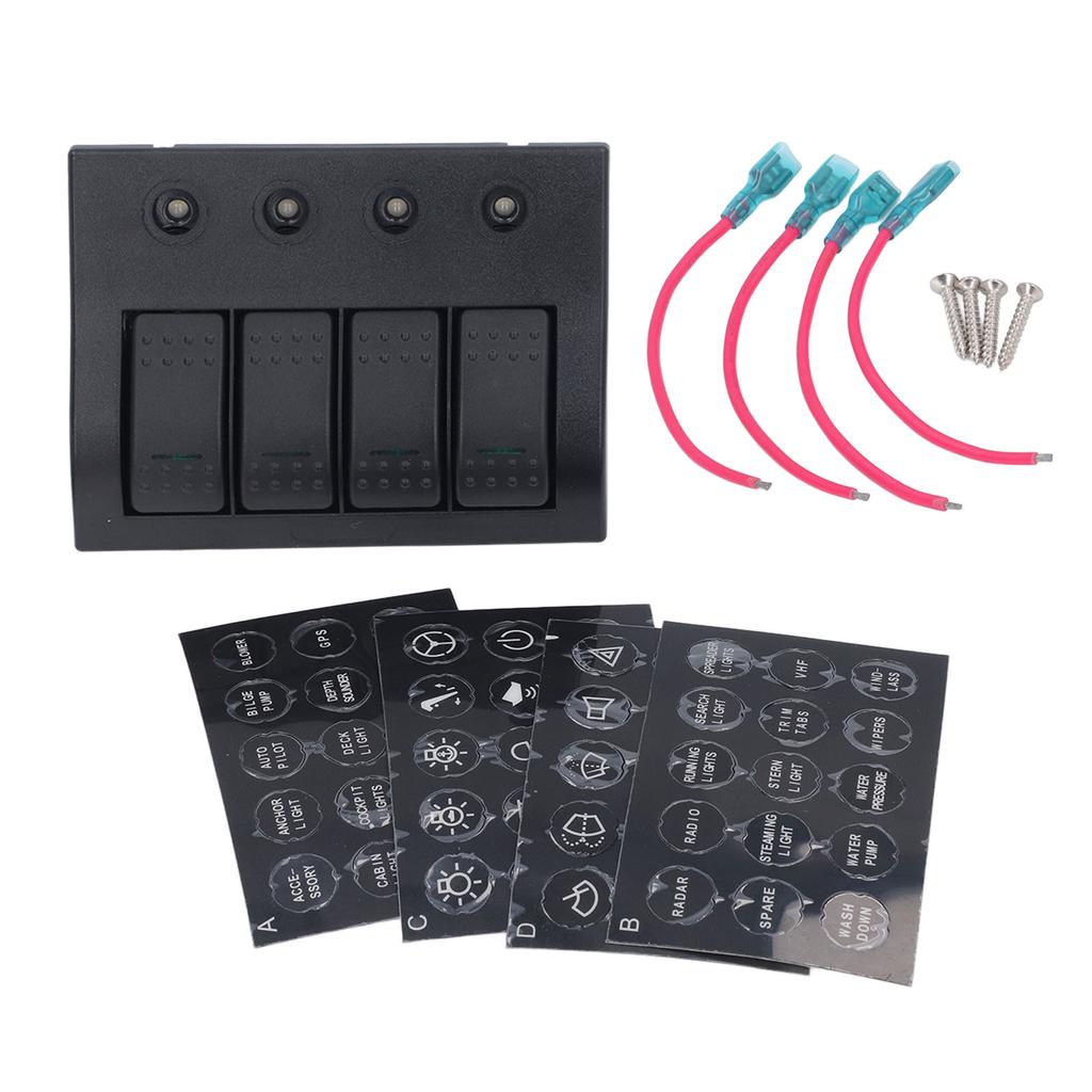 Rocker Switch Panel 12V 24V 4 Gang LED Plastic IP68 Waterproof Overload Protector 2x10A 2x15A for
