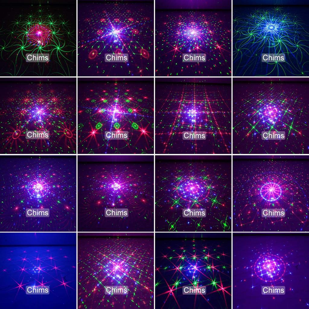 Chims Light Laser Projector RGB 96 Patterns Voice-Controlled Stage Lighting System 4 Light Sources Red Green Blue Family Party DJ Christmas Halloween