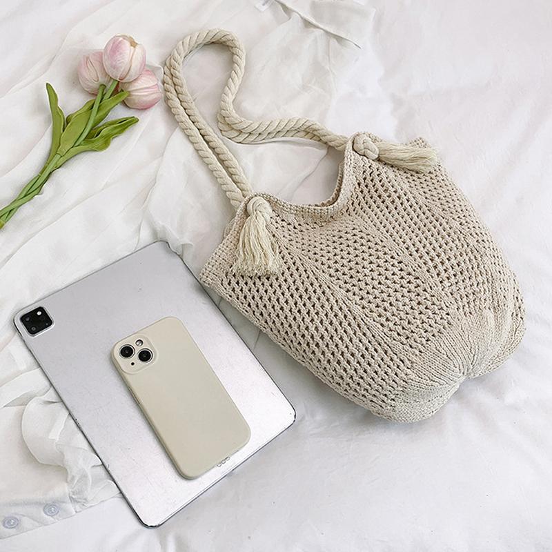 Portable Bohemian Knitted Shoulder Bag Hollowed Out Solid Color Casual Woven Handbag Sweet Soft Crochet Tote Bag CLE