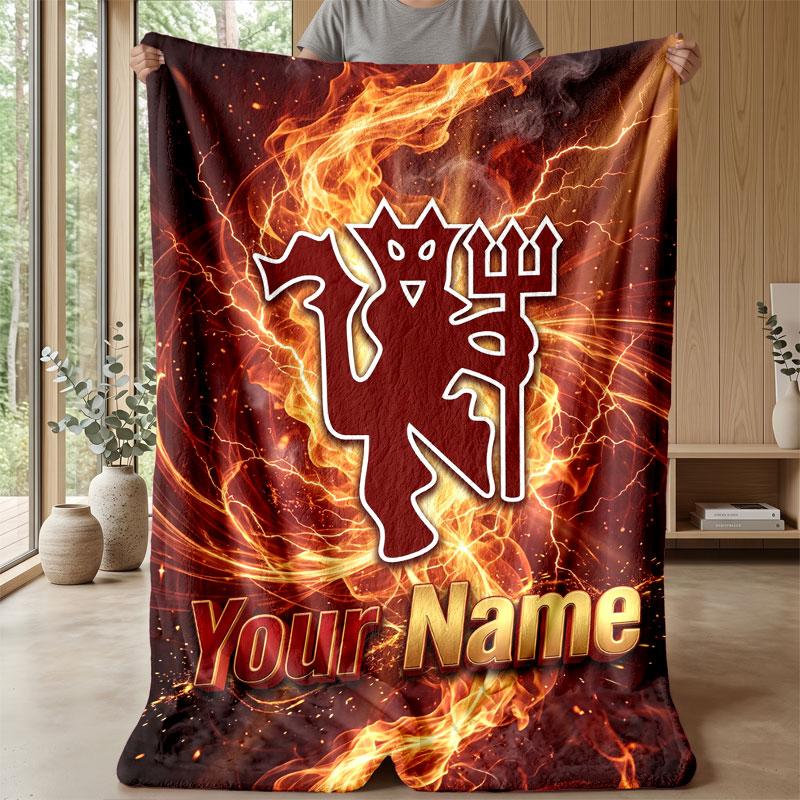 Coperta in Flanella Personalizzata con Nome Testo Manchester United Logo Calcio Plaid in Pile Personalizzato Regalo Speciale per Divano Camera da Letto Casa