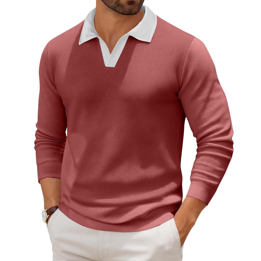 Men's Casual Color-Block Collared Long-Sleeve Knit Base Layer Top