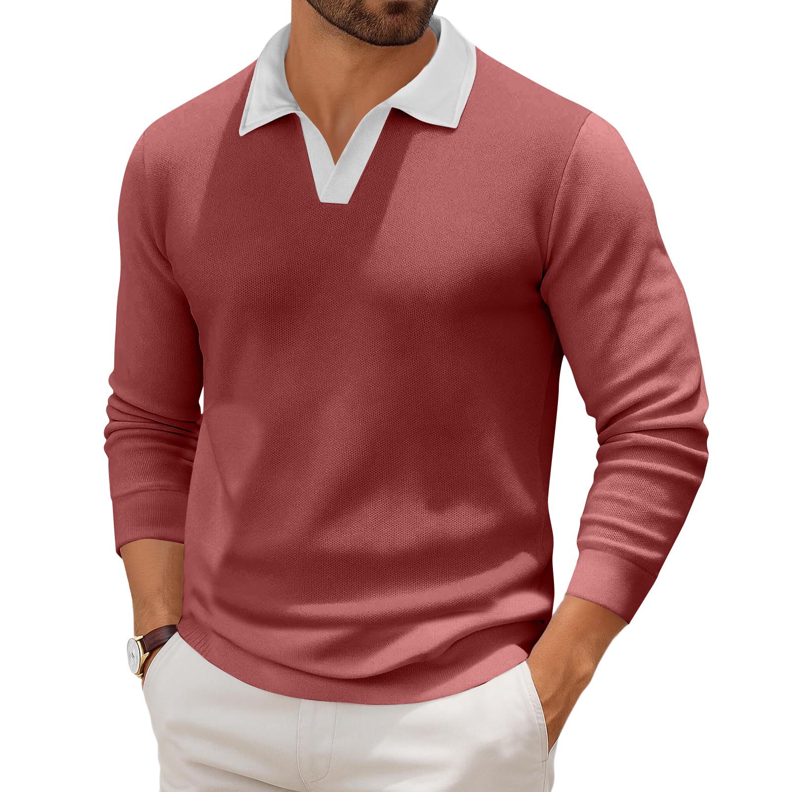 

Мужской повседневный трикотажный базовый топ с длинным рукавом и воротником в стиле колор-блок XL красный