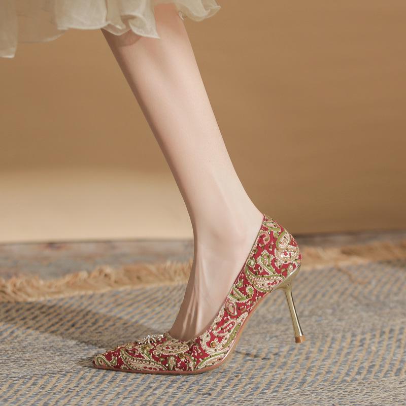 

2025 Red Xiuhe Rivet High Heels for Bridal Toasting - Women s Chinese Wedding Shoes 36