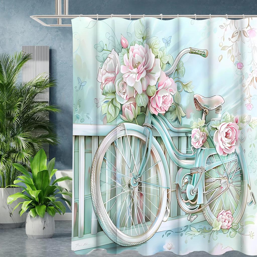 Floral Bicycle Bathing Curtain  Bathroom Letters Shower Curtain Waterproof With 12 Hooks Fishes Home Deco