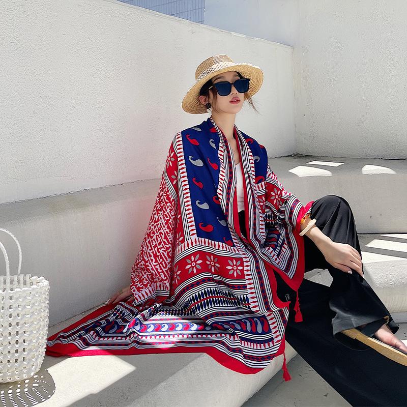 Ethnic Shawl Scarf Seaside Sunscreen Beach Silk Scarf Red Big Yarn Women'S Desert Travel Ladies Po Accessories Ladies