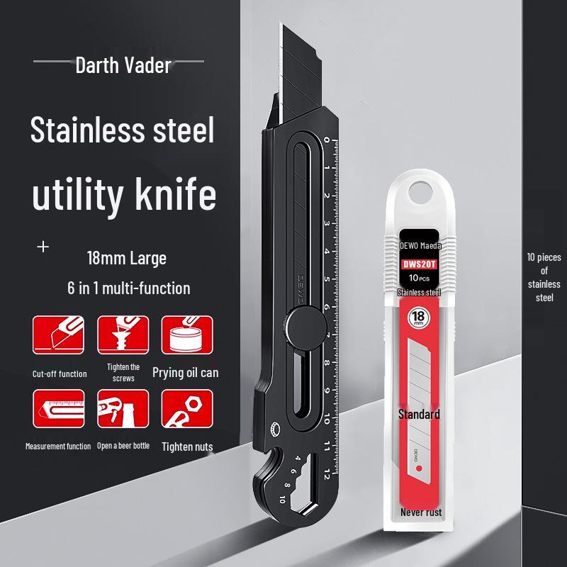 Maeda Schwerlast schwarzes Edelstahl-Utility-Messer: 6-in-1 Tapeten- und Paketmesser in Industriequalität