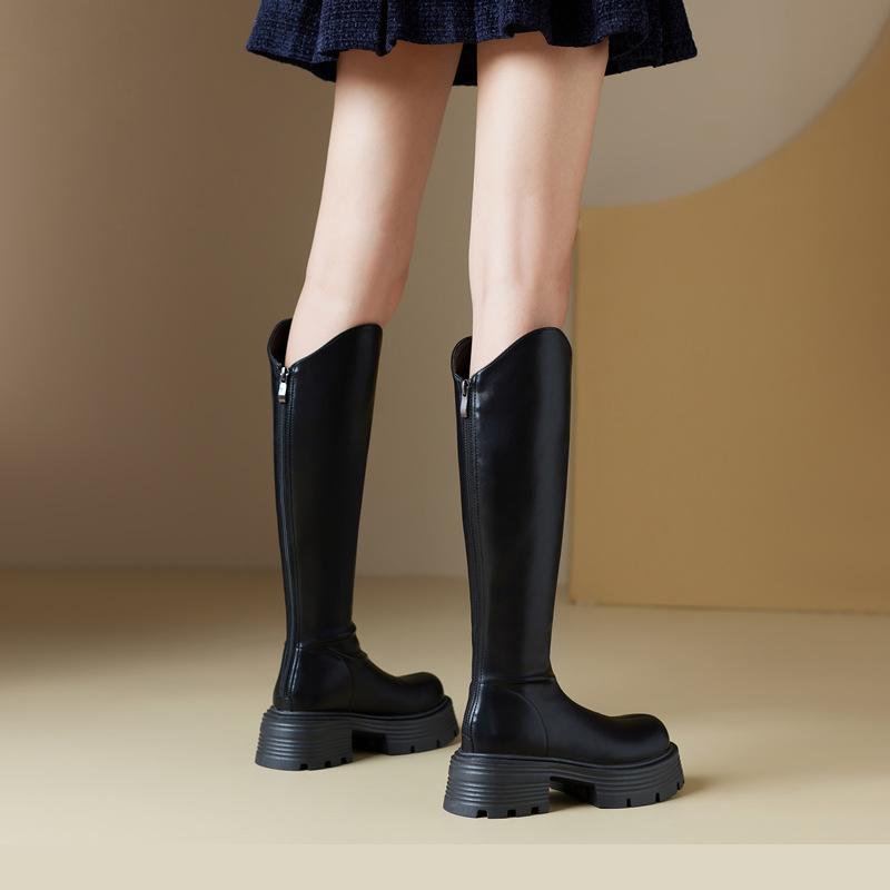 Long Boots Women's Autumn and Winter Small Man Round Head Retro Tall Knight Boots Thick Sole V Mouth Middle Heel Thick Heel Thin Boots