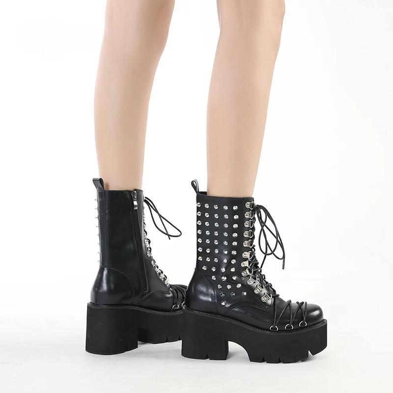 Fashion Women Motorcycle Punk Boots Mori Girl Lady Lolita Boots Woman High Top Boots Platform Fashion Rivets Goth Dark