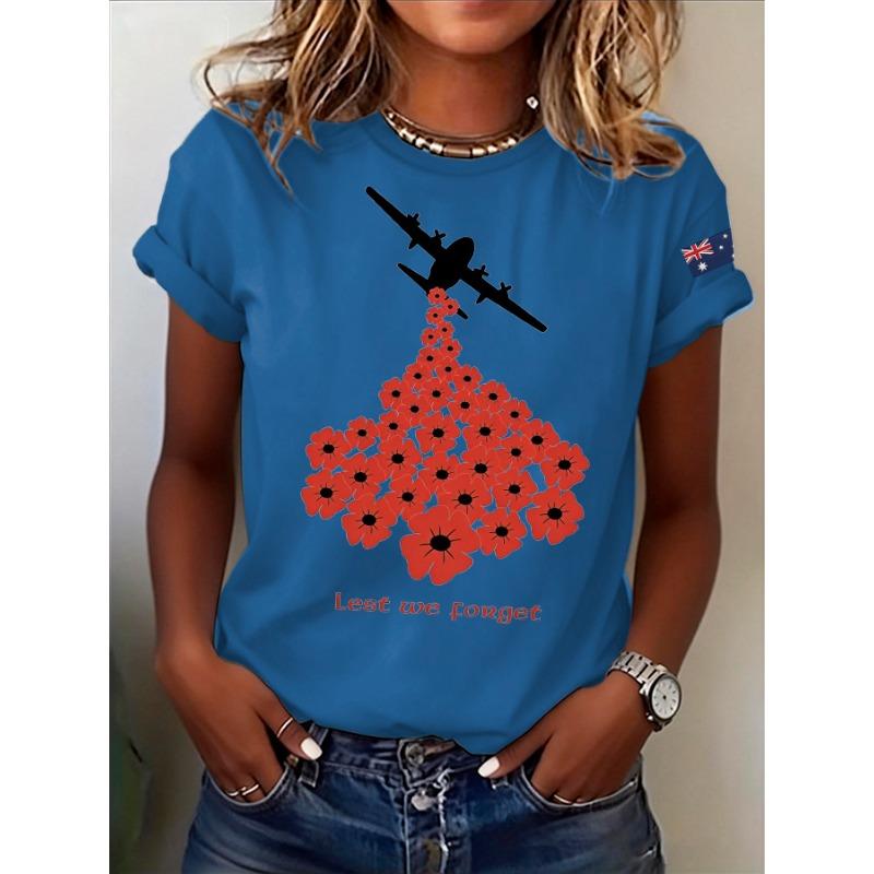 Womens Anzac Day Lest We Forget Print TShirts Summer Casual Round Neck T Shirt Short Sleeve Tops