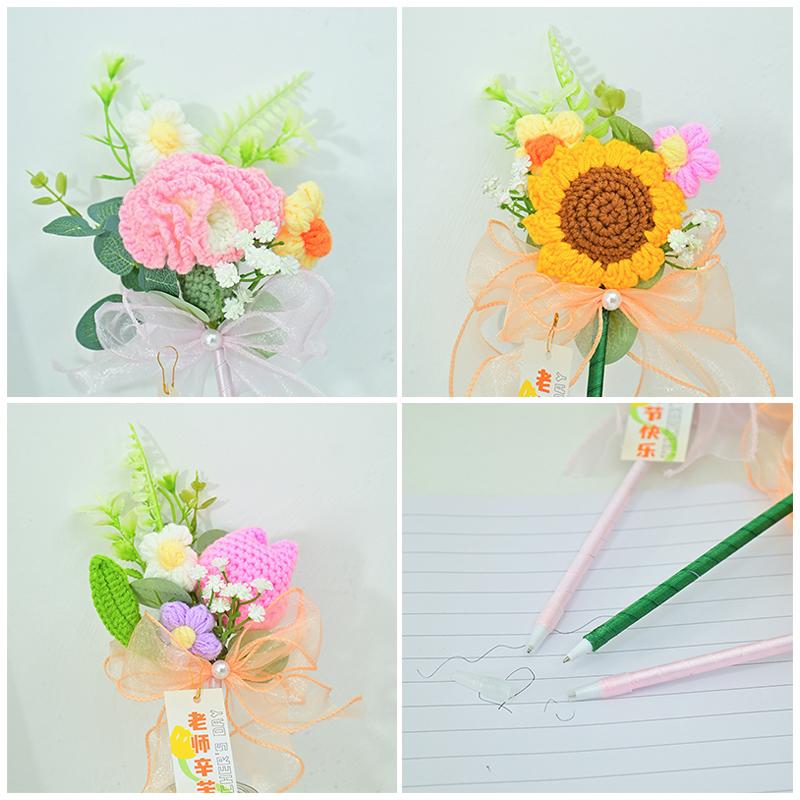 Crochet Flower Pen Black Ballpoint Pen Woven Bouquet Pens Black Ballpoint Artificial Flower Stationery Pen Teachers ' Day Gifts