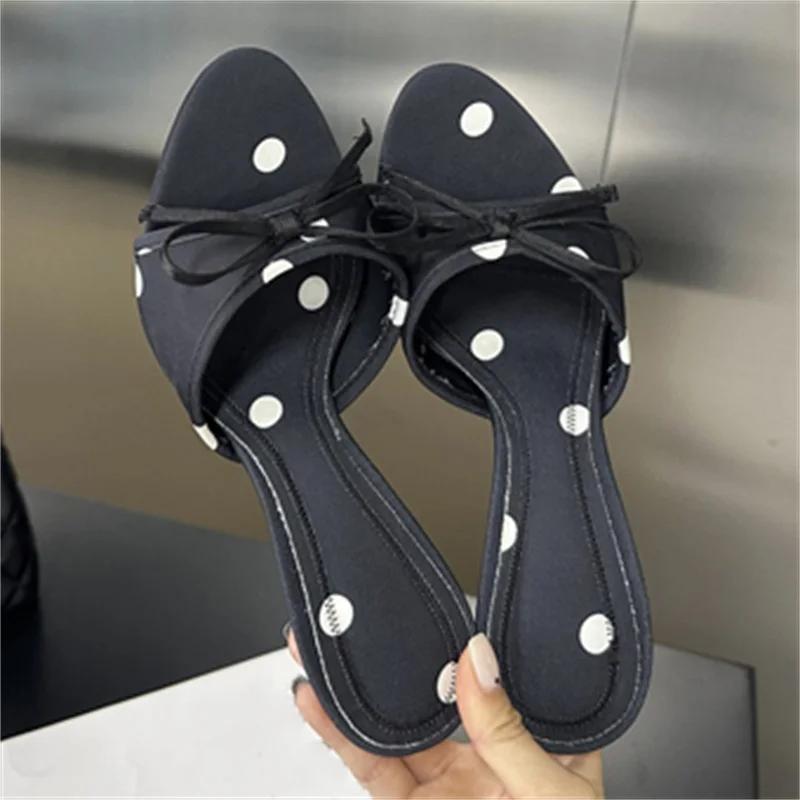 Eilyken Summer Satin Polka Dot Butterfly-kont Thin Heels Women Slippers Open Toe Party Slides Shoes