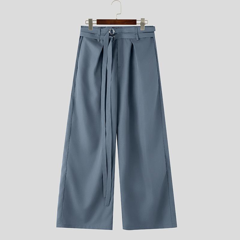INCERUN Men Double Buckle Belt Drape Loose Fit Wide Leg Pants Long Trousers