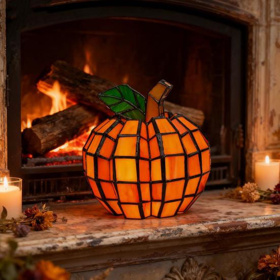 Stained Glass Pumpkin Lantern Handmade Halloween Pumpkin Lamp Starry Night Glass Decor Indoor Fall