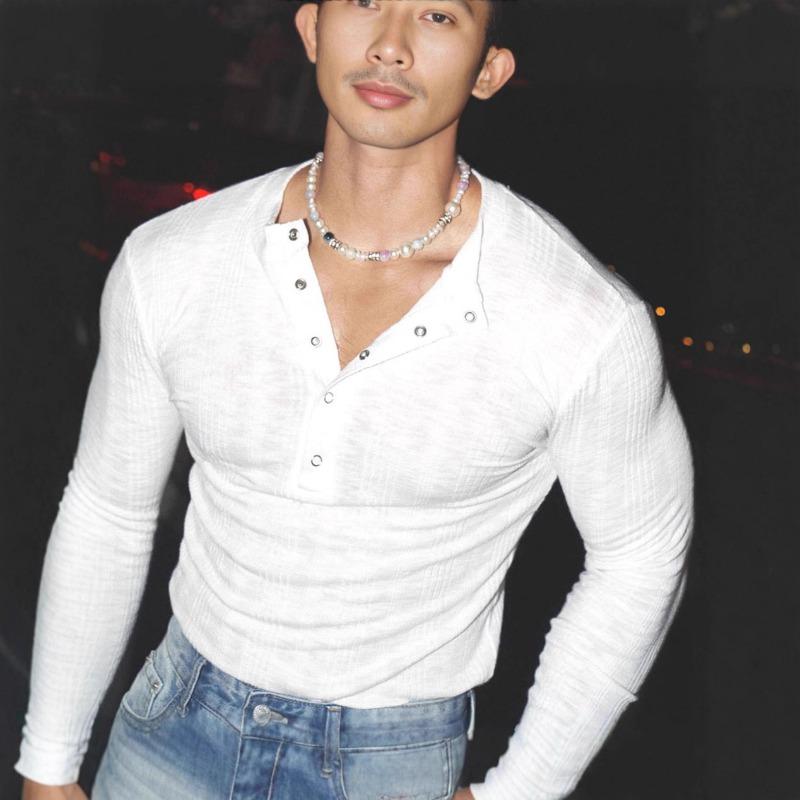 Herren Eng anliegendes Stretch-Strick-Henley Langarm Dünnes Atmungsaktives Basis-T-Shirt