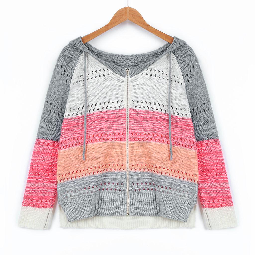 Fashion Women Casual Patchwork Long Sleeves Hooded Sweater Cardigan Blouse Tops