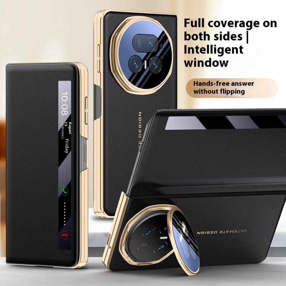 For Honor Magic V5 5G Case Smart View Window Leather Phone Cover with Metal Lens Kickstand