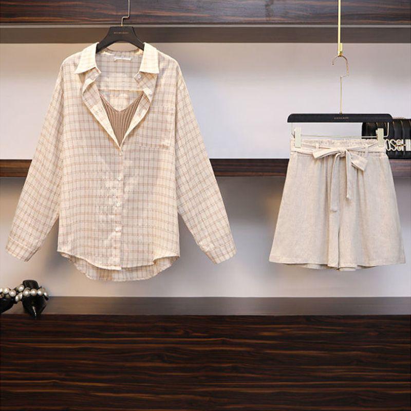 Chic Plaid Slimming Plus Size Summer Three-Piece Suit for Women