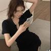 Spice girl pure desire style sexy black slim fit and thin temperament hip-wrapped small v-neck split dress summer skirt