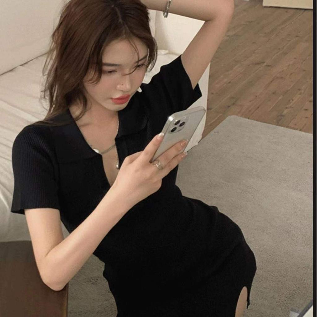 Spice girl pure desire style sexy black slim fit and thin temperament hip-wrapped small v-neck split dress summer skirt