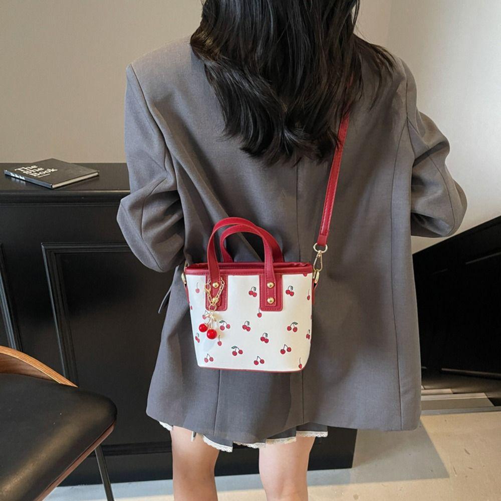 Korean Style Cherry Crossbody Bag Large Capacity Square Tote Bag Bucket Shoulder Bag Travel