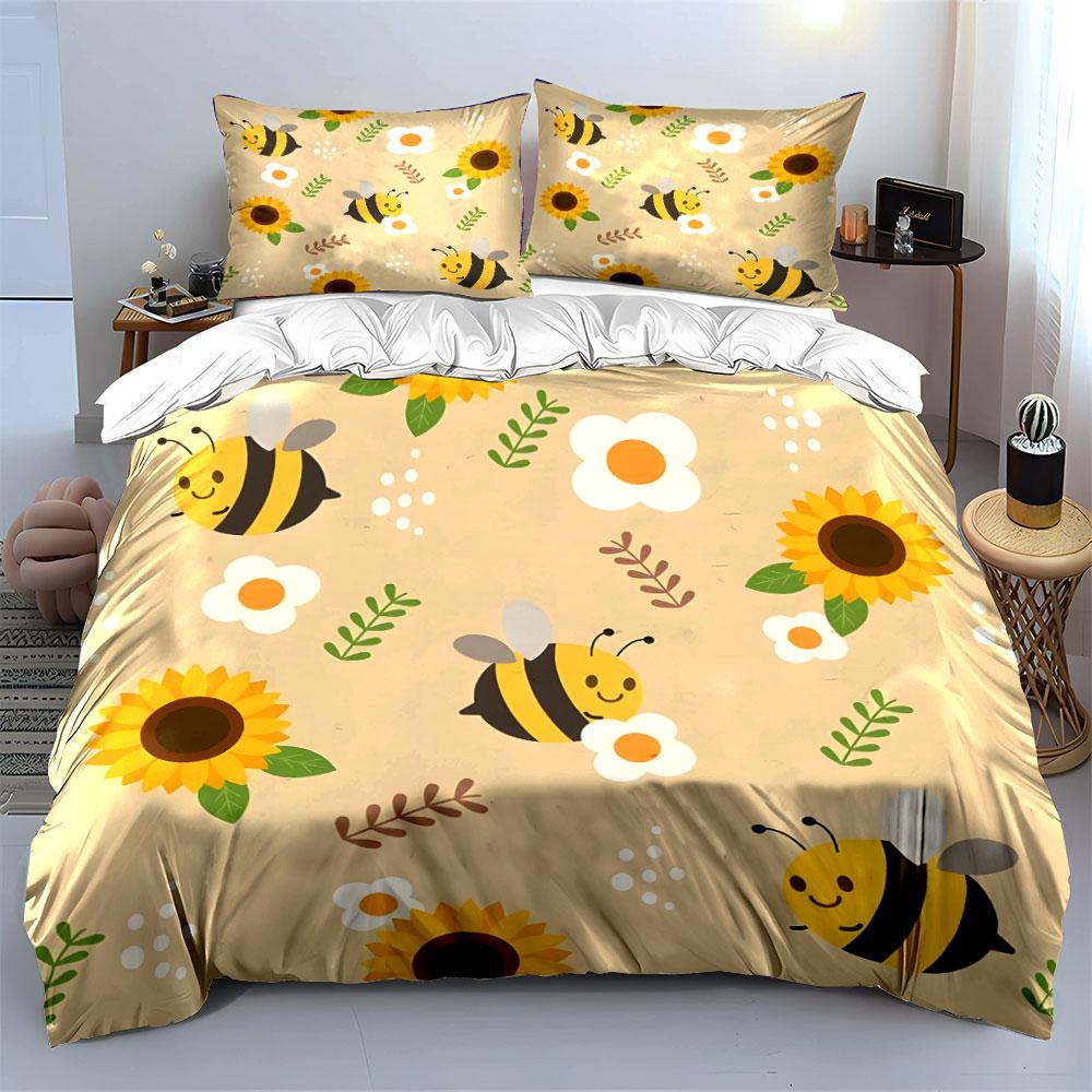 Süße Bienen und Sonnenblumen Aufdruck Bettwäsche Bettbezug Set  (1*Bettbezug 2*Kissenbezüge, ohne Bettdecke)