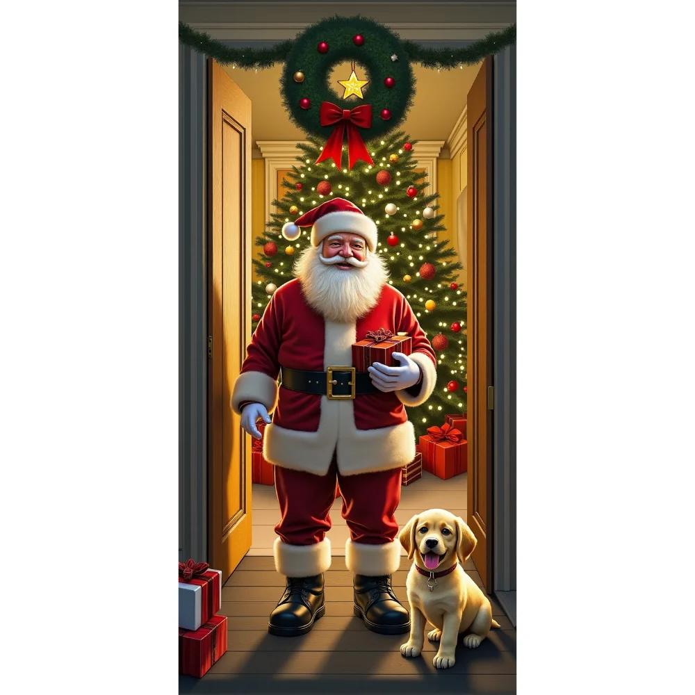 Vivid Santa Claus Send Gift Christmas Door Cover 35.43*72.83inch Banner Front Door Decoration 2025 Christmas Home Party Supplies