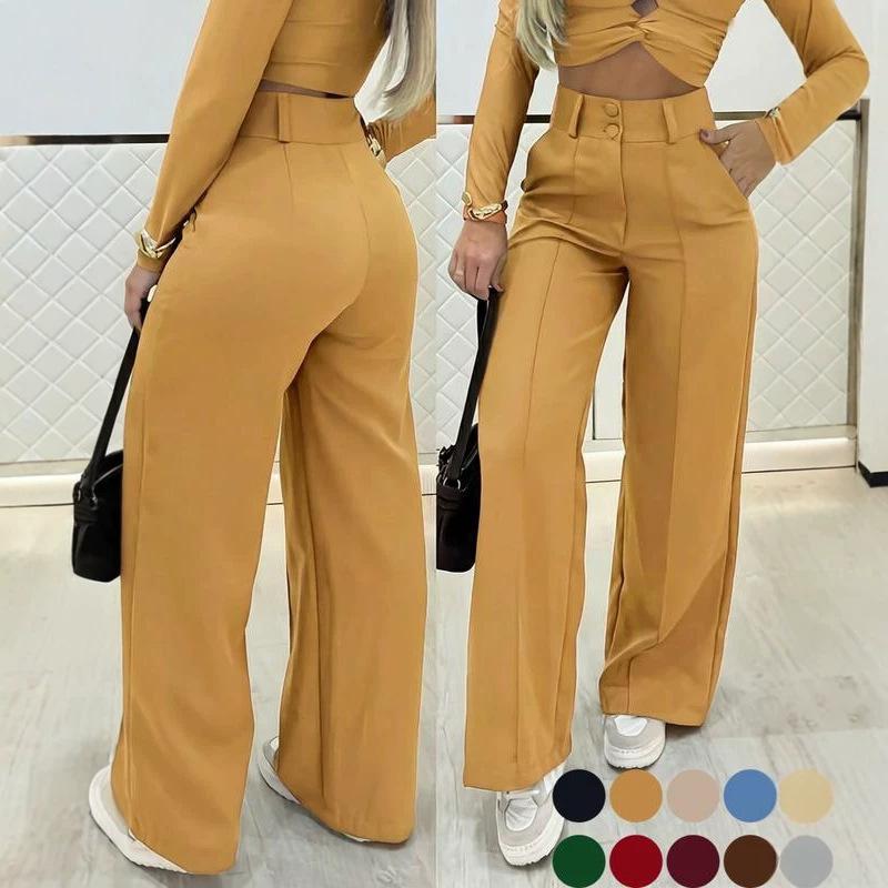 Women's High Waist Wide Leg Pants with Button Detail