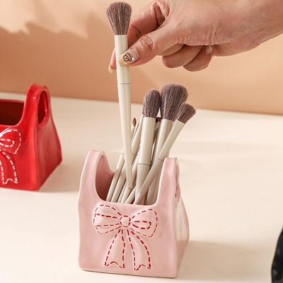 Elegant Ceramic Pen Holder Minimalist Decorative Cosmetic Storage Bucket with Bowknot Practical Desk Sundries Organizer