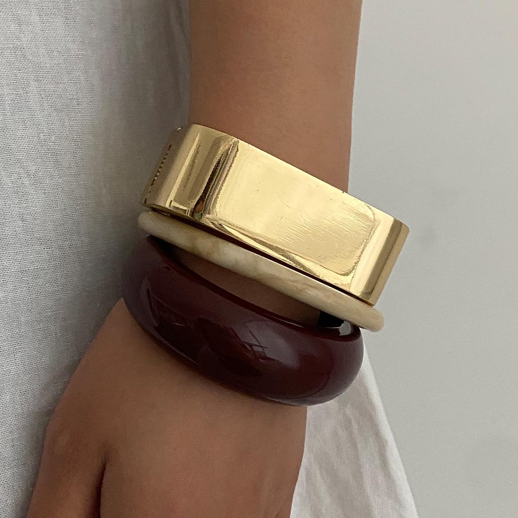 Vintage Irregular Resin Square Bangle Bracelets Punk Geometric Retro Glossy Open Metal Bracelet for Women Chunky Party Aesthetic Jewelry
