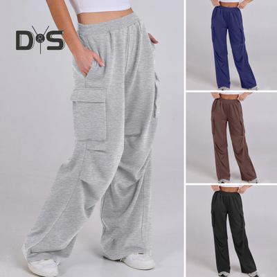 Women Cargo Pants Elastic Waist Mid-rise Straight Wide Leg Sweatpants with Multi Pockets Solid Color Casual Jogging Pants Loose Lounge Pants