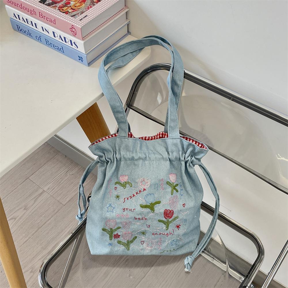 

Sweet Embroidery Bucket Bag Korean Style Cute Shoulder Bag Denim Drawstring Handbag Outdoor Style4