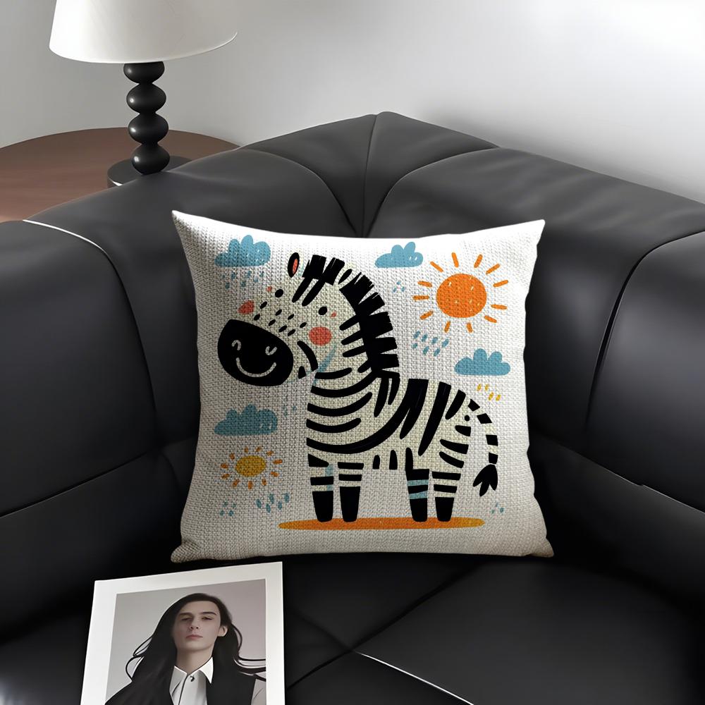 Cute Zebra Cushion Cover Natural Linen Organic Fabric DoubleSided Printing Sofa Home Decor Gift Pillow Case