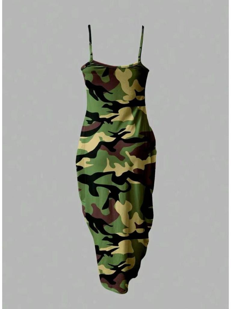 Summer Cool Spaghetti Strap Long Dress - Abstract Camouflage Print, Stylish Streetwear