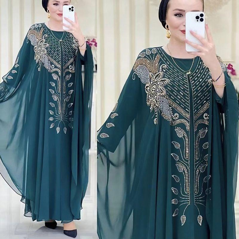 Cross-Border Indonesia Middle East Turkey Africa European and American Style Dress Chiffon Heavy Embroidery Hot Drilling Robe Plus Size Women Dress
