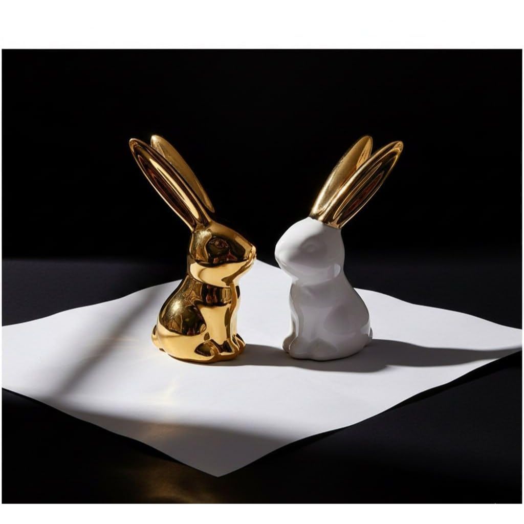 Home Decor Rabbit Statues,1 Pair, Small Decorative Accents for Shelves, Livingroom and Bedroom, Gold and White (Rabbit)
