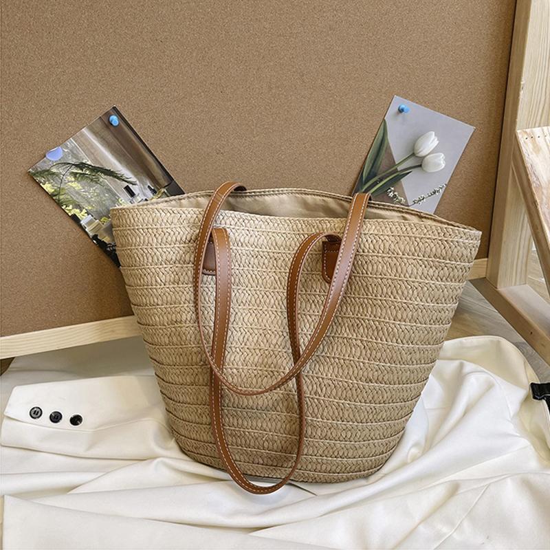 Borsa a tracolla grande in paglia intrecciata da donna, borsa a tracolla portatile, borsa da spiaggia estiva, borsa shopper da donna