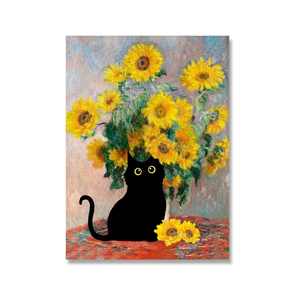 

Забавный художественный постер с котом, черный кот, свуп, Ван Гог, принты под подсолнух, холст, картина, Моне, цветок, настенная художественная картина, декор для гостиной 30x40cm No Framed