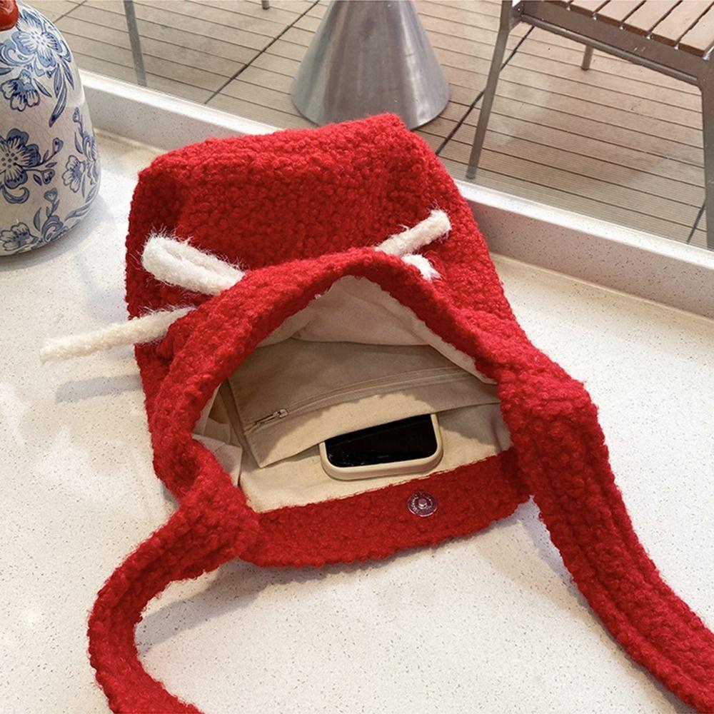 Single Shoulder Red Crossbody Bag Bow Decoration New Year Red Tote Plush Bucket Bag New Year