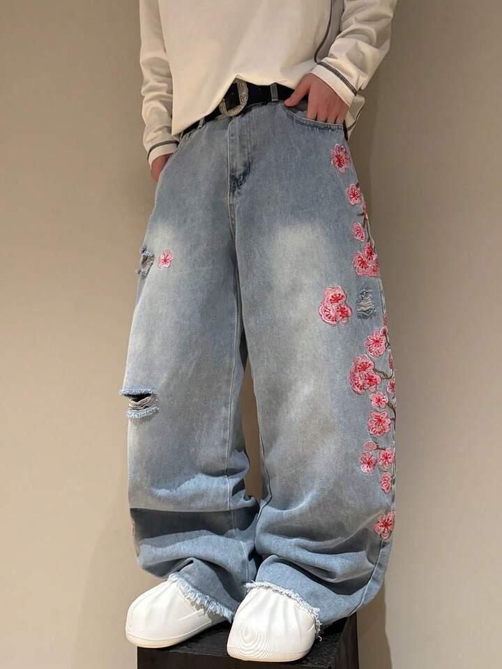 Jeans Dritti Unisex Retro Ricamati con Fiori di Ciliegio Gotici