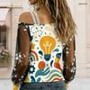 Women Plus Size Asymmetric Cold Shoulder Long Sleeve T Shirt Abstract Printed Sheer Floral Embroidered Sleeve